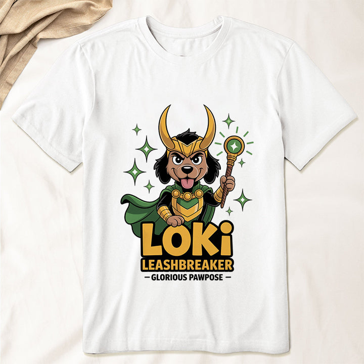 Loki Leashbreaker T-Shirt – Funny Mischievous Dog Superhero Tee for Pet Lovers