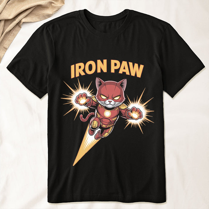 Iron Paw Funny Cat T-Shirt – Hilarious Superhero Tee for Pet Lovers