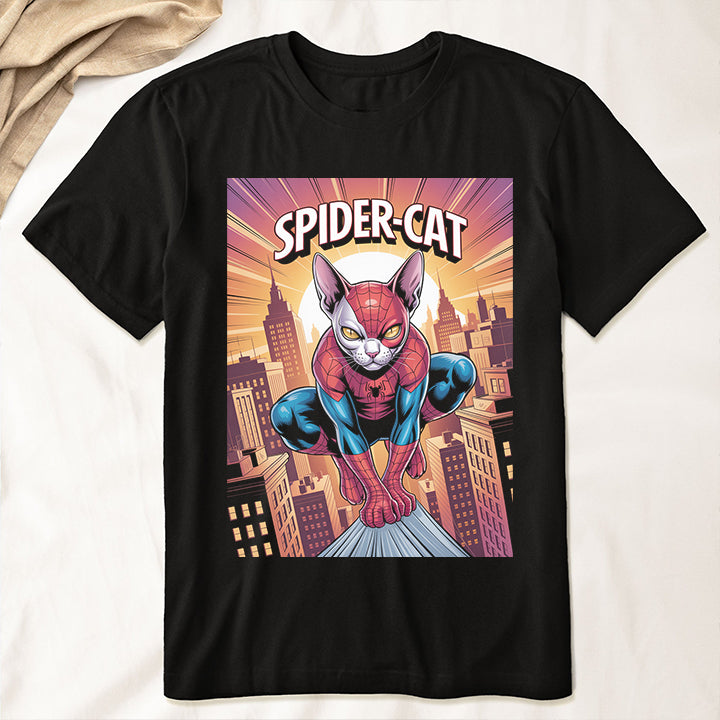 Spider Cat Sphynx T-Shirt – Funny Superhero Tee for Cat Lovers