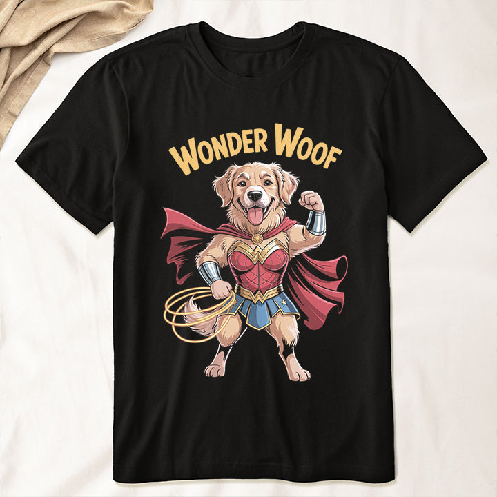Wonder Woof Funny T-Shirt – Superhero Dog Tee for Pet Lovers