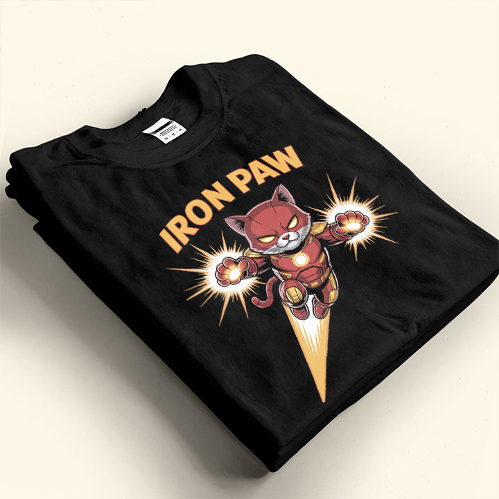 Iron Paw Funny Cat T-Shirt – Hilarious Superhero Tee for Pet Lovers