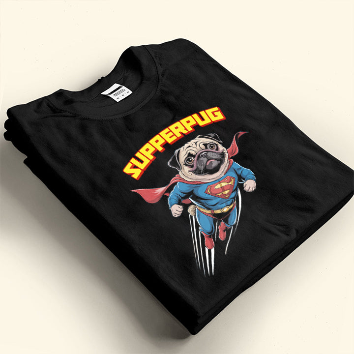 SupperPug Dog T-Shirt – Funny Flying Pug Superhero Tee for Pet Lovers