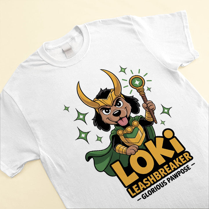 Loki Leashbreaker T-Shirt – Funny Mischievous Dog Superhero Tee for Pet Lovers