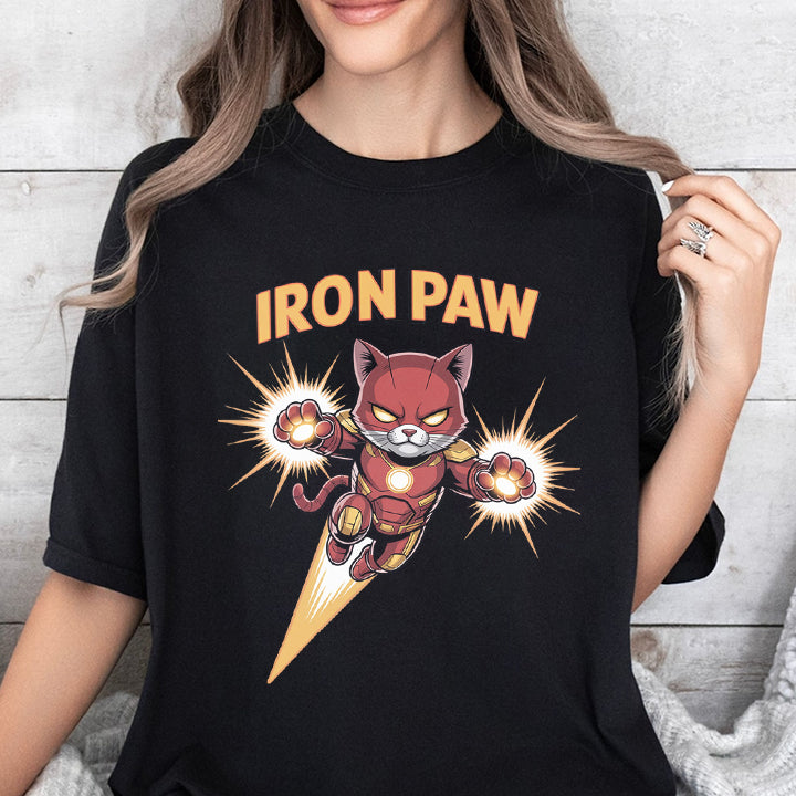Iron Paw Funny Cat T-Shirt – Hilarious Superhero Tee for Pet Lovers
