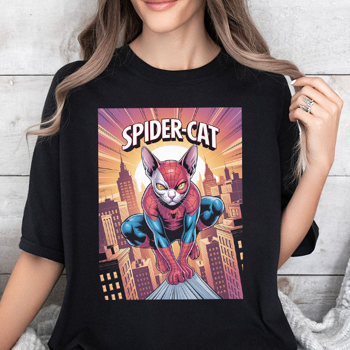 Spider Cat Sphynx T-Shirt – Funny Superhero Tee for Cat Lovers
