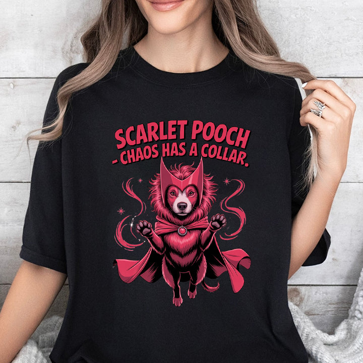 Scarlet Pooch T-Shirt – Funny Dog Superhero Tee for Pet Lovers