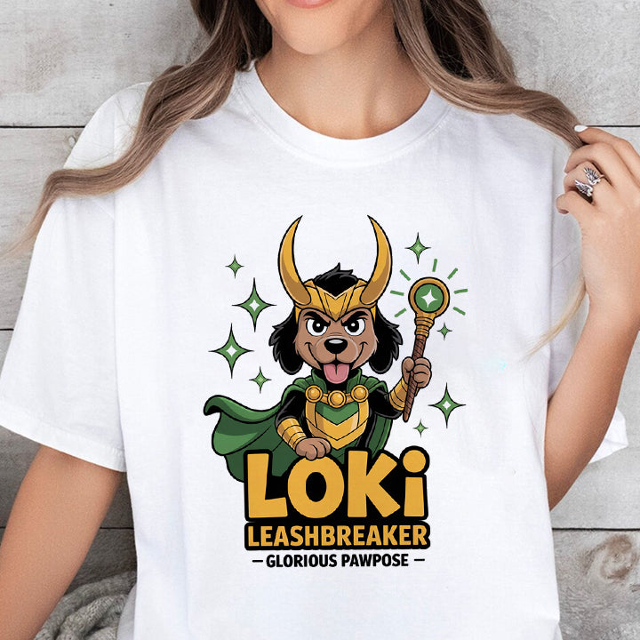 Loki Leashbreaker T-Shirt – Funny Mischievous Dog Superhero Tee for Pet Lovers