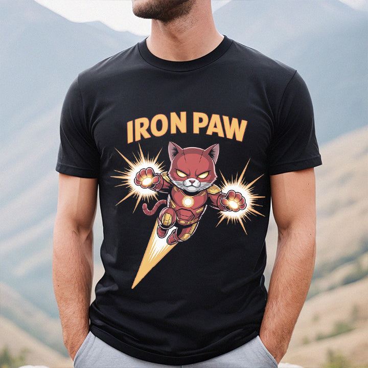 Iron Paw Funny Cat T-Shirt – Hilarious Superhero Tee for Pet Lovers