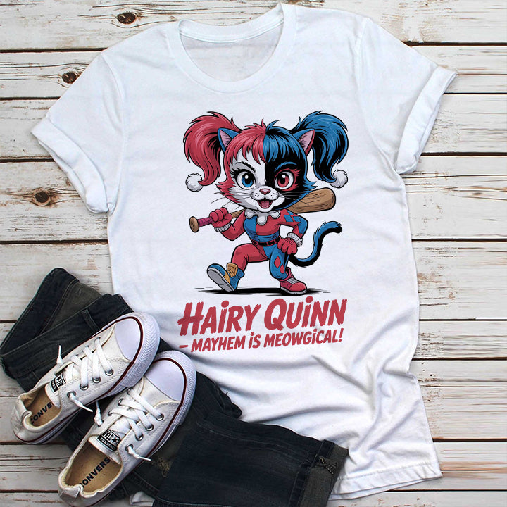 Hairy Quinn T-Shirt – Funny Cat Villain Tee for Pet & Comic Fans