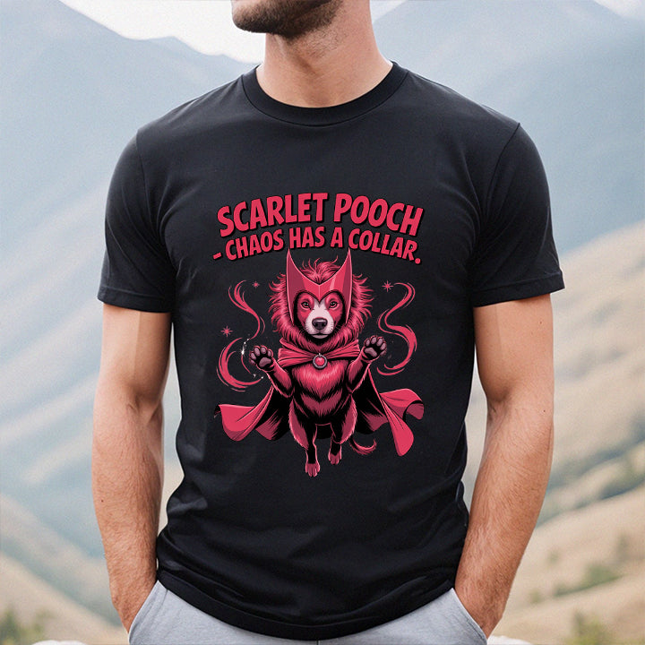 Scarlet Pooch T-Shirt – Funny Dog Superhero Tee for Pet Lovers