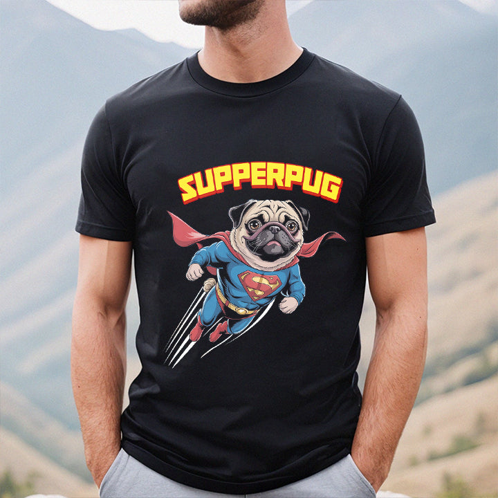 SupperPug Dog T-Shirt – Funny Flying Pug Superhero Tee for Pet Lovers