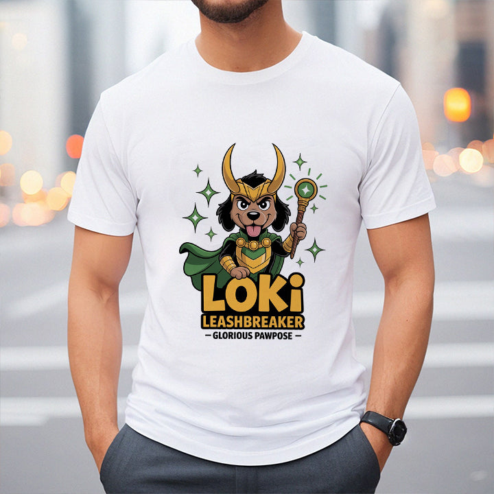 Loki Leashbreaker T-Shirt – Funny Mischievous Dog Superhero Tee for Pet Lovers