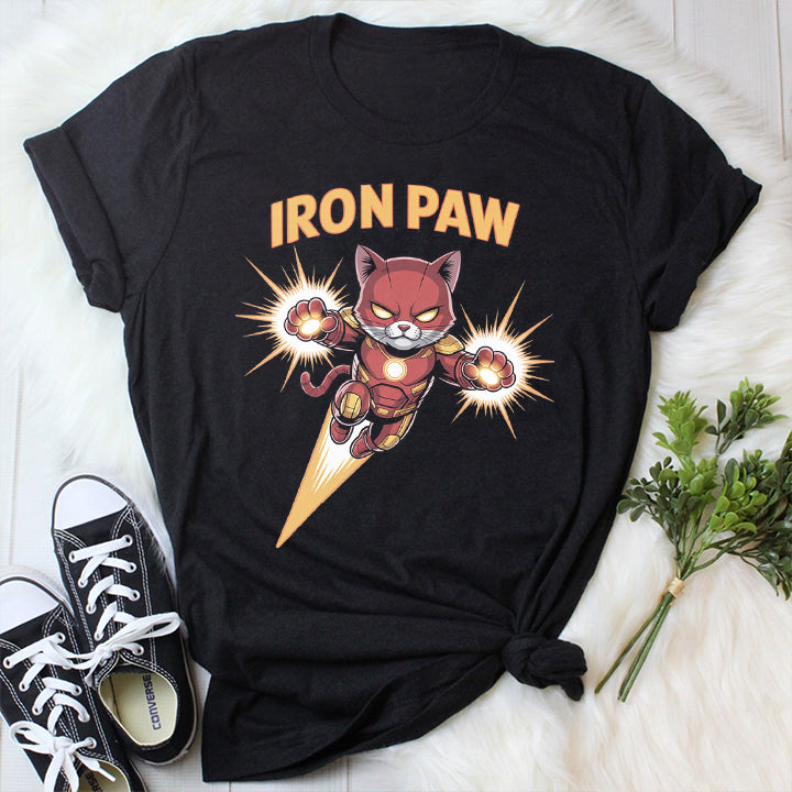 Iron Paw Funny Cat T-Shirt – Hilarious Superhero Tee for Pet Lovers