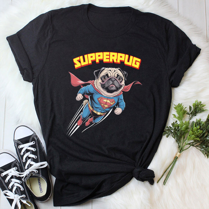 SupperPug Dog T-Shirt – Funny Flying Pug Superhero Tee for Pet Lovers