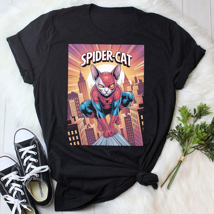 Spider Cat Sphynx T-Shirt – Funny Superhero Tee for Cat Lovers