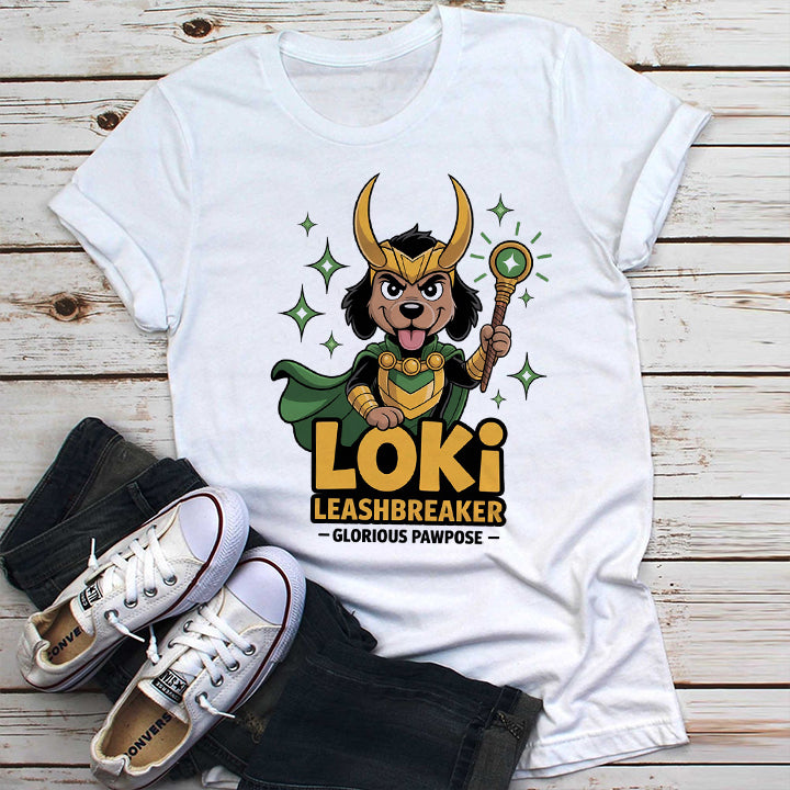 Loki Leashbreaker T-Shirt – Funny Mischievous Dog Superhero Tee for Pet Lovers