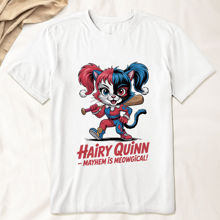 Hairy Quinn T-Shirt – Funny Cat Villain Tee for Pet & Comic Fans