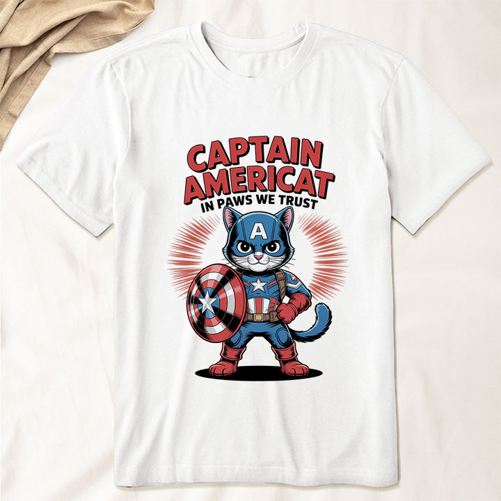 Captain AmeriCat T-Shirt – Funny Patriotic Cat Superhero Tee for Pet Lovers