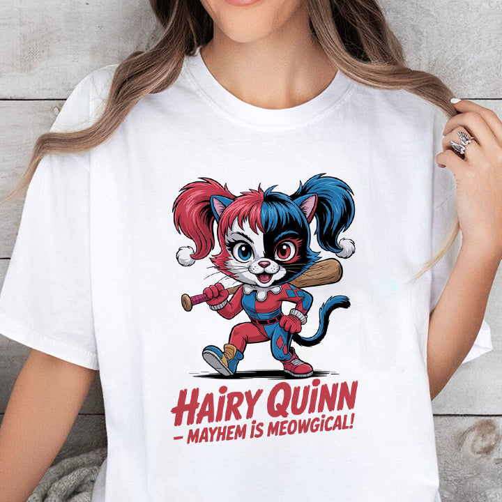 Hairy Quinn T-Shirt – Funny Cat Villain Tee for Pet & Comic Fans