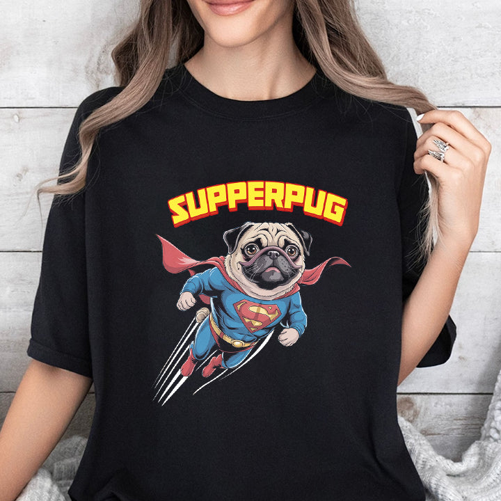 SupperPug Dog T-Shirt – Funny Flying Pug Superhero Tee for Pet Lovers