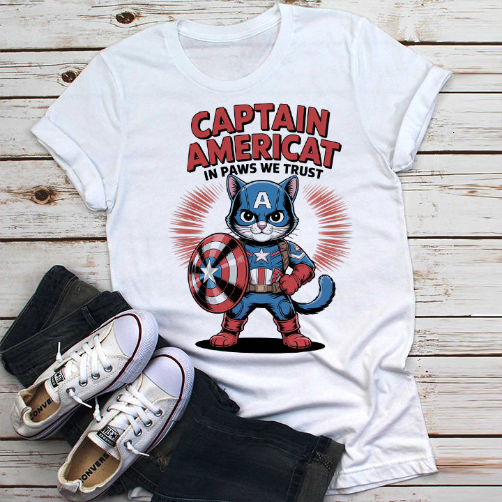 Captain AmeriCat T-Shirt – Funny Patriotic Cat Superhero Tee for Pet Lovers